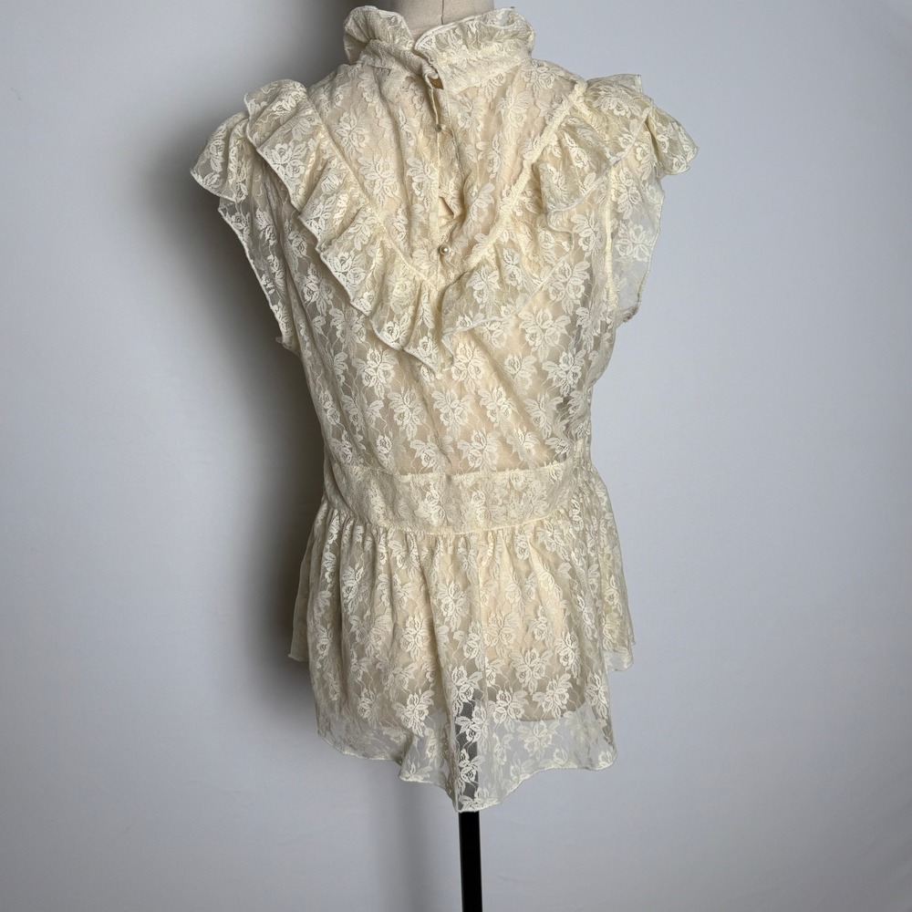 Free People Floral LaceTop Sleeveless Ruffle Mock Neck Vintage Style Coquette